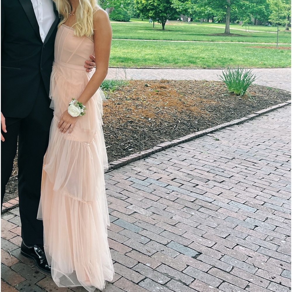 Pink tulle layered corset prom dress